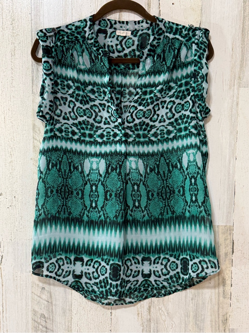Antilia Femme Teal & Black Sheer Cap-Sleeve Blouse